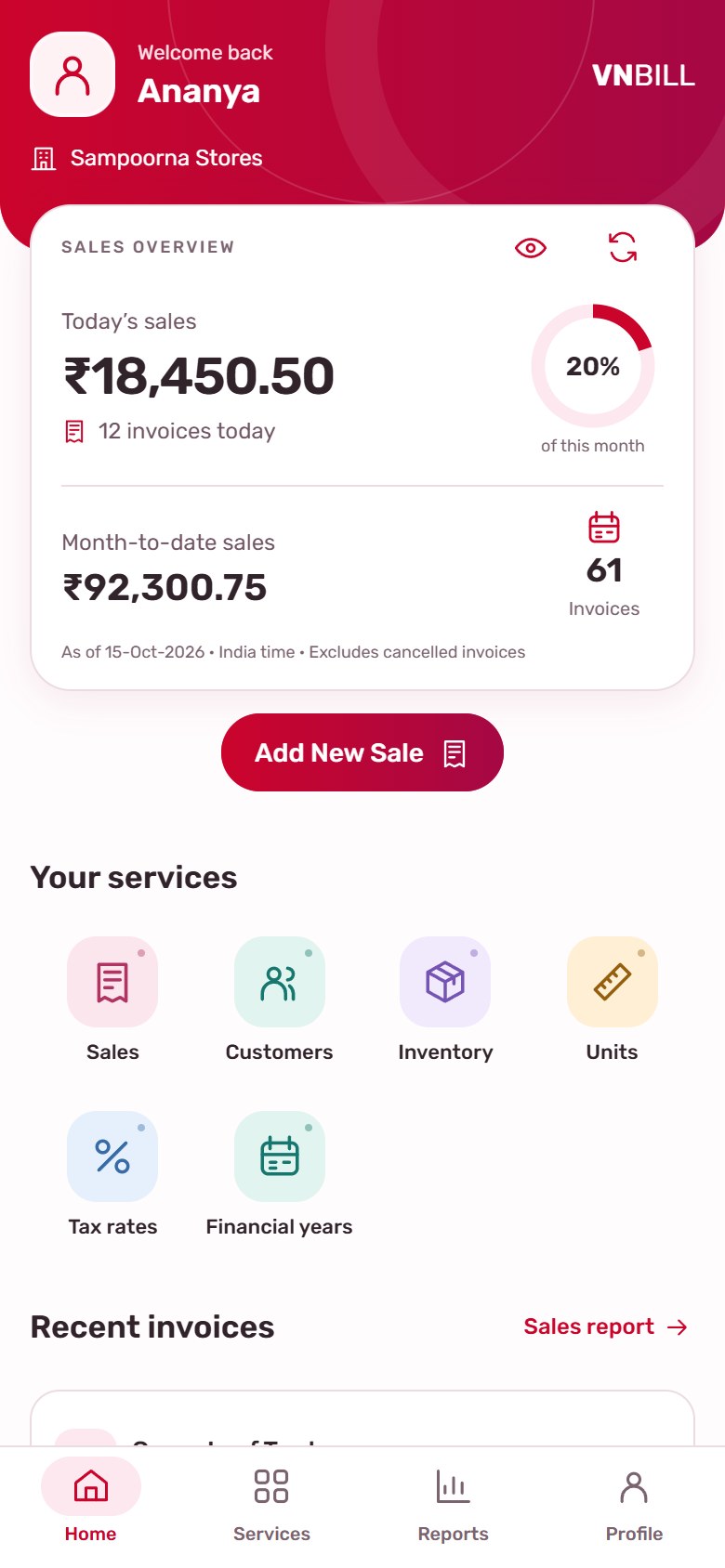 VNBILL mobile dashboard with sales overview and shortcuts, using fictional demo data