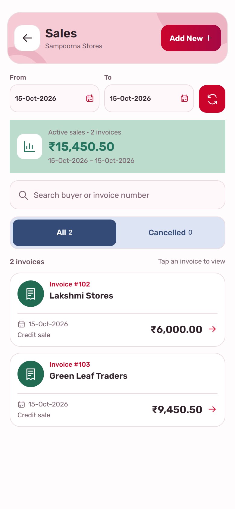 Sales report in the VNBILL mobile app, with fictional invoices
